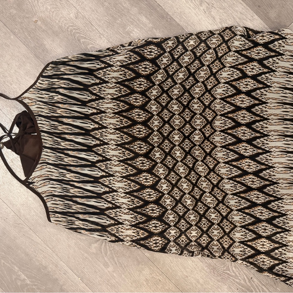 Sleeveless Halter Dress with Geometric Ikat Print - Black & Cream